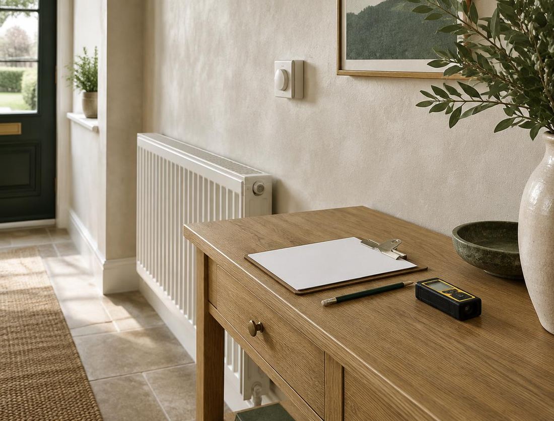 A surveyor's clipboard and laser measure on an oak console table in a calm hallway