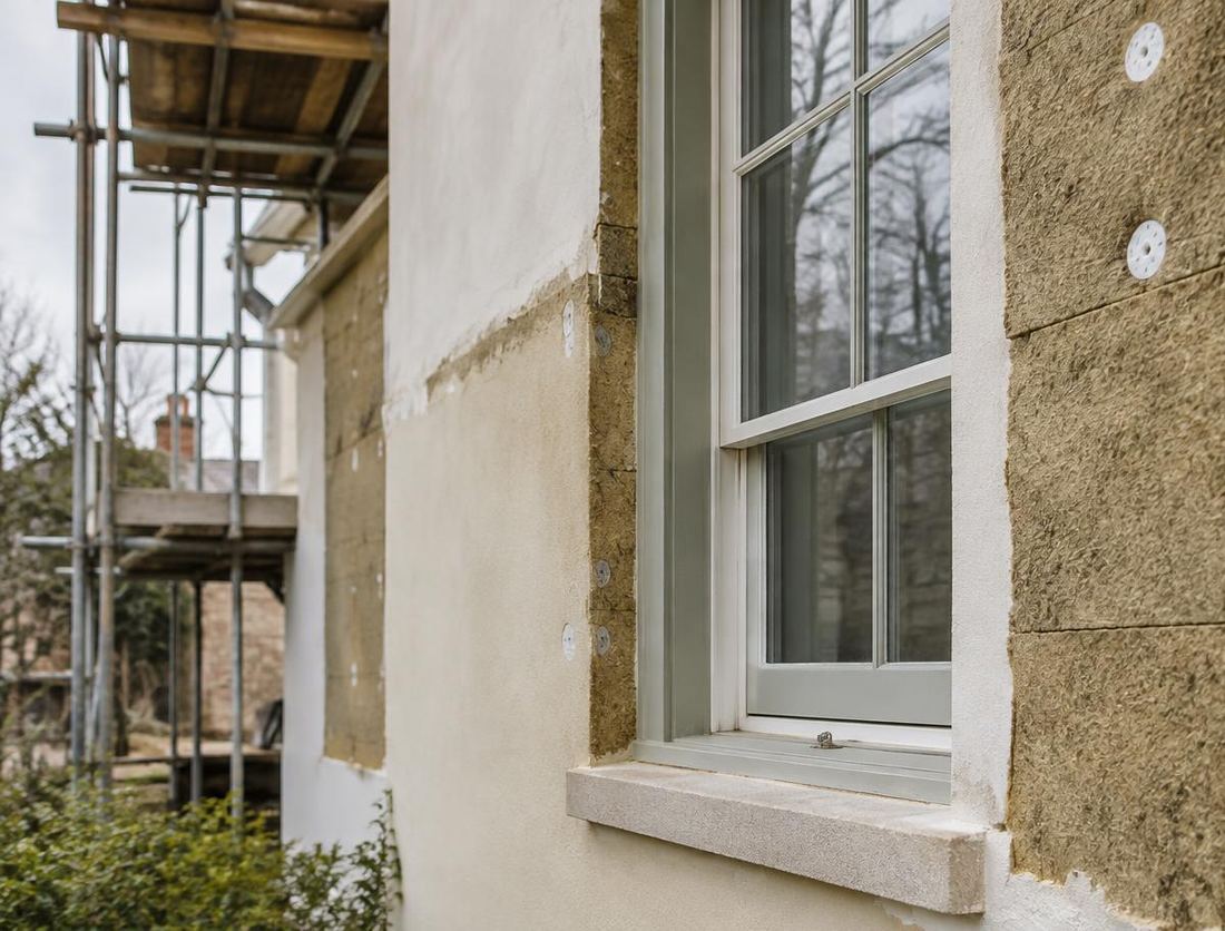 External wood-fibre insulation and new lime render around a timber sash window